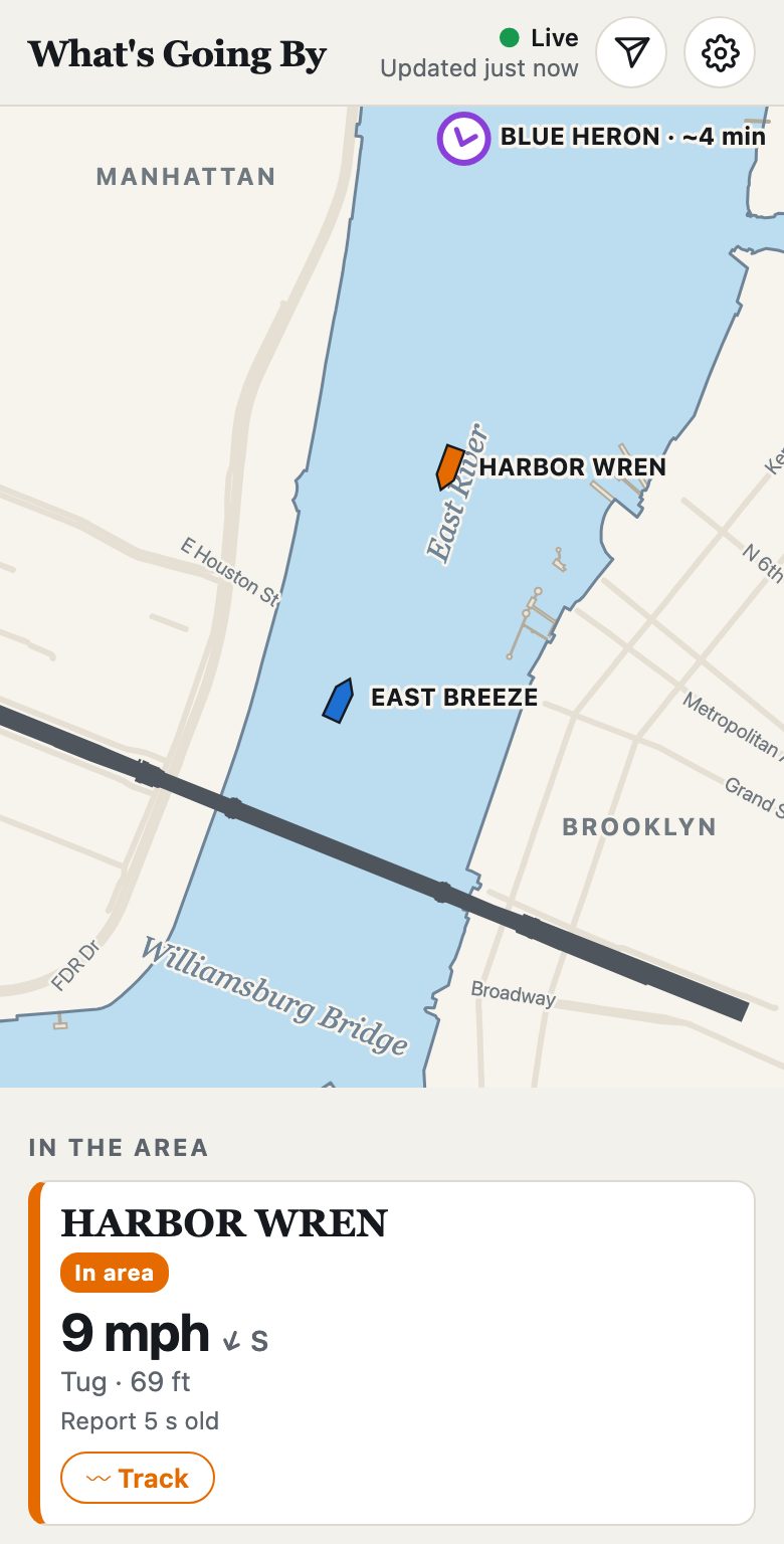 Example: the live map with three boats on the East River and one boat's card